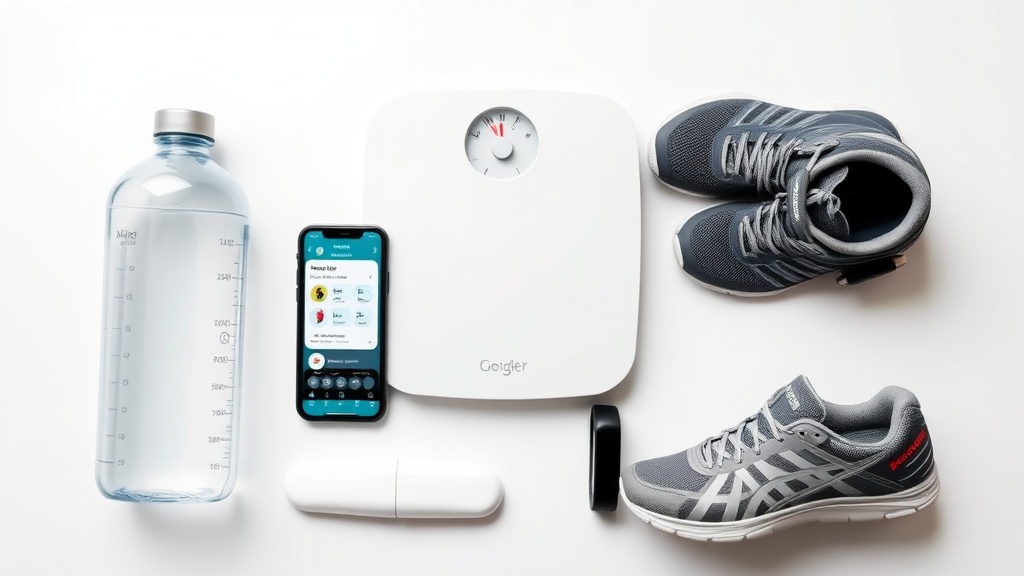 כלים לטיפוח בריאות כולל בקבוק מים ואפליקציות